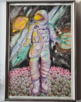 Mixmediowa ilustracja „Kosmiczny sen” A4 z ramką